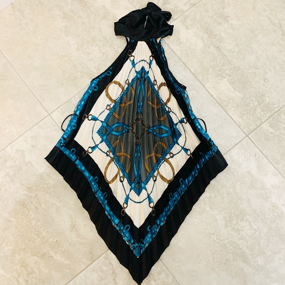 Vintage Monaco Plisse Halter Top Blouse Small Rope Chain Print Bow Tie Neck